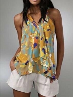 Diane Von Furstenberg Sleeveless Silk Printed Ruffle  Top  size 4